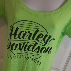 ladies lime Green Harley Davidson  t-shirt with crystals, Large